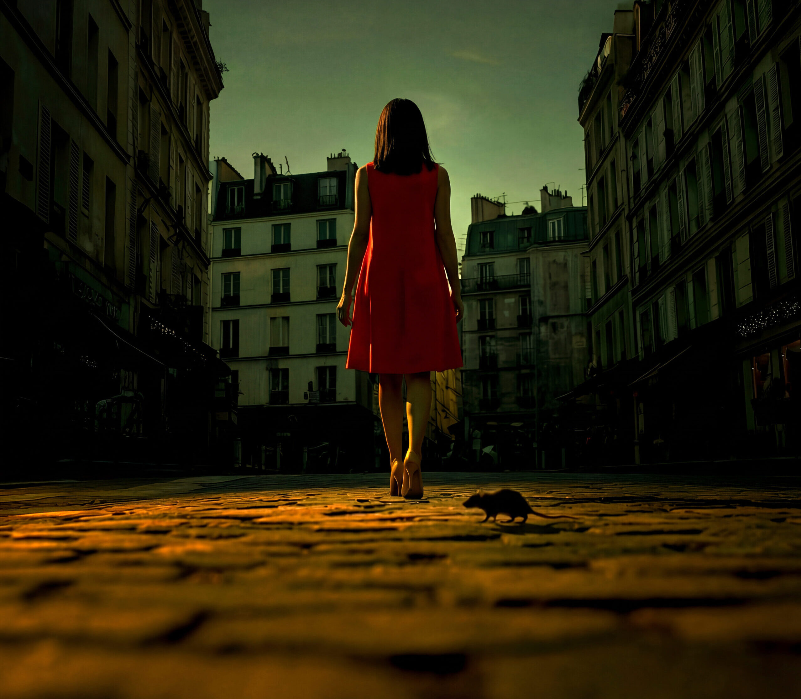 Céleste marchant de dos dans une rue pavée en robe rouge avec un petit rongeur au sol.