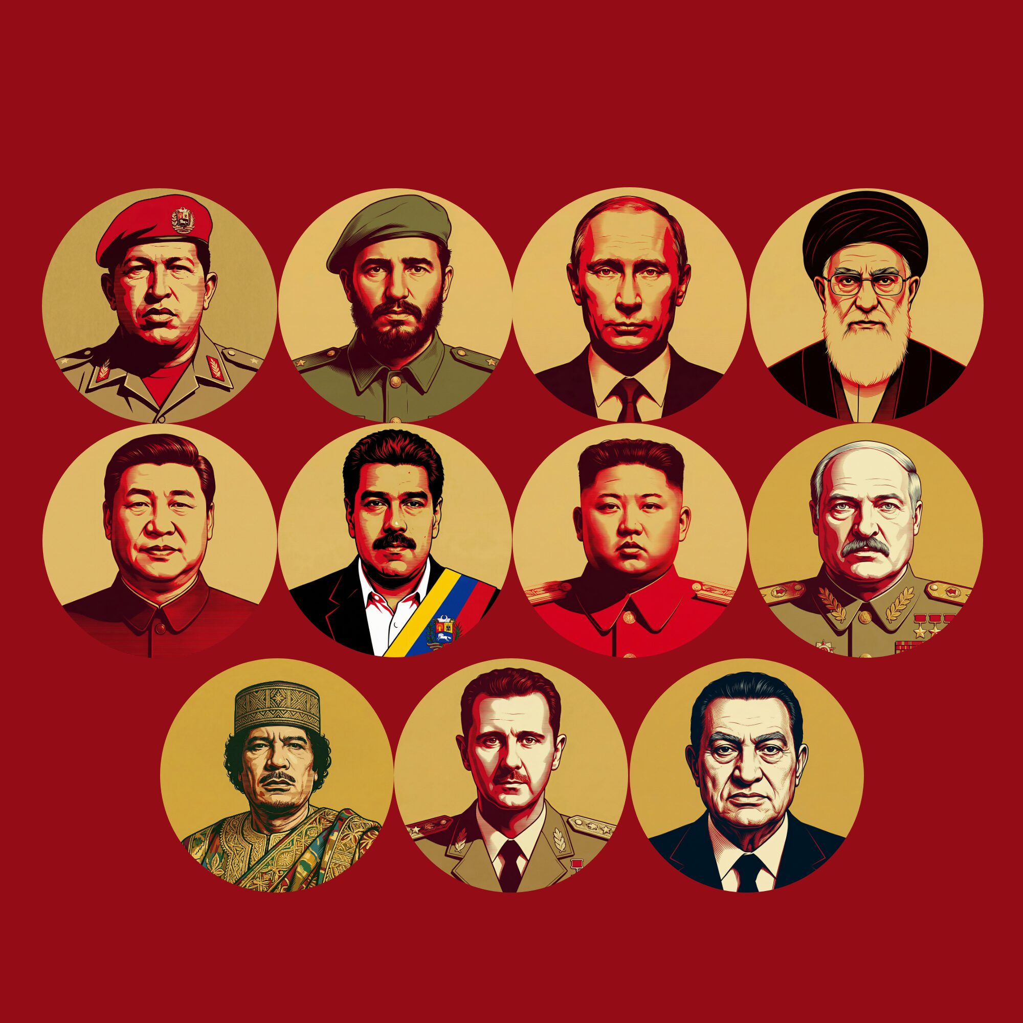 Portraits illustrés de plusieurs dirigeants autoritaires mondiaux disposés dans des médaillons dorés sur fond rouge.