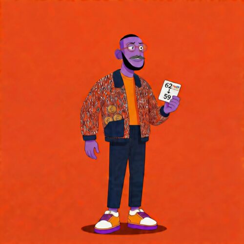 Illustration d'un homme à la peau violette tenant une carte sur un fond orange.