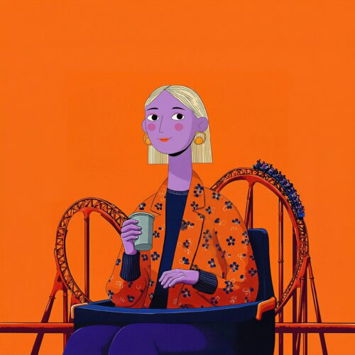 Illustration d'une femme à la peau violette buvant un café dans des montagnes russes.