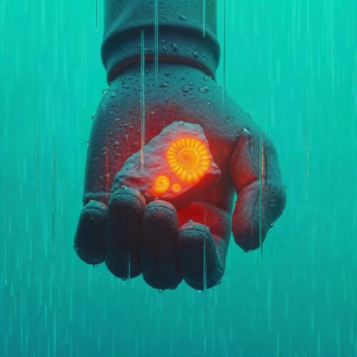 Gant tenant un fragment rocheux incandescent sous une forte pluie.