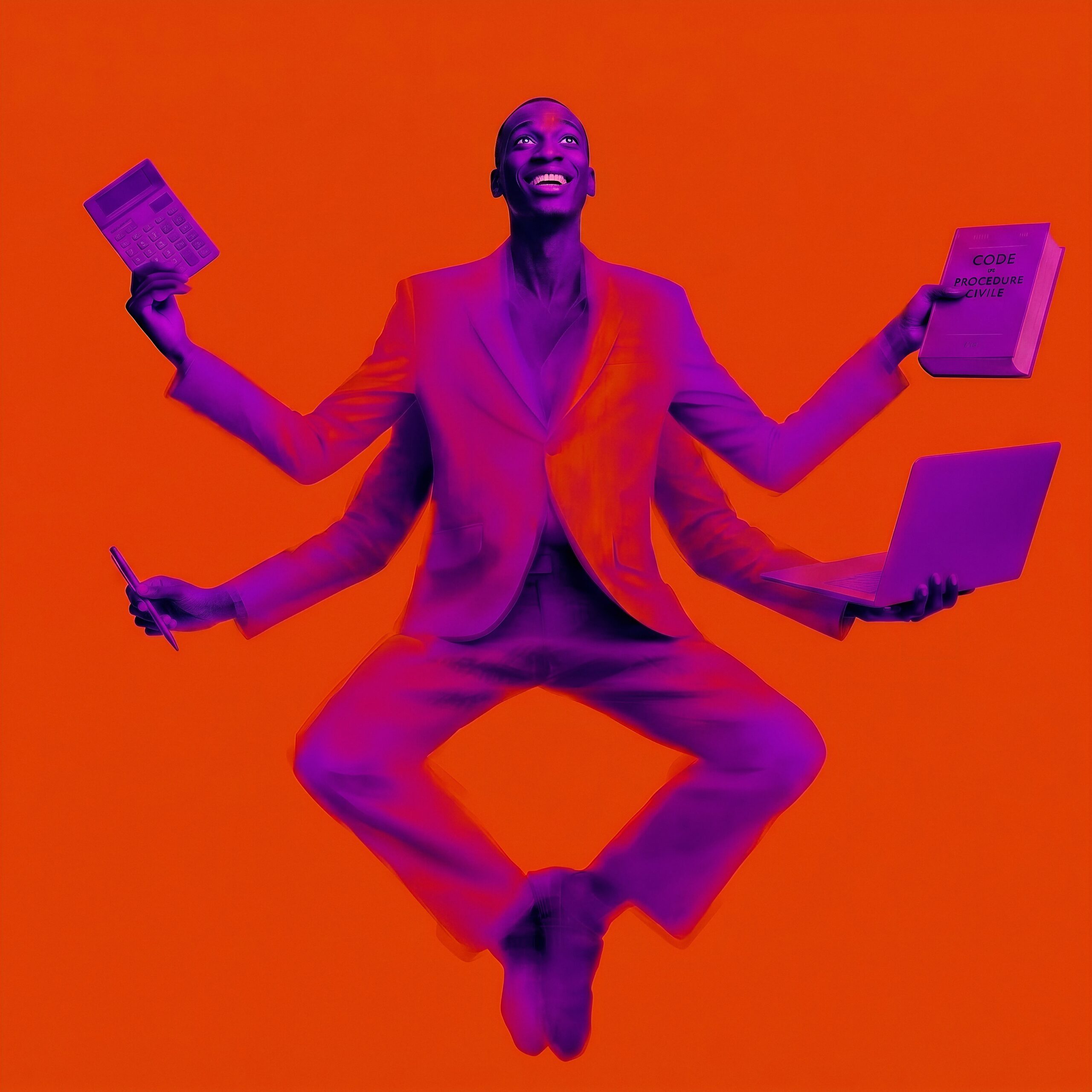 Homme d'affaires multitâche aux bras multiples flottant sur un fond orange.