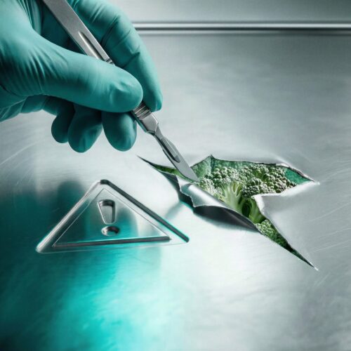 Main gantée incisant une surface métallique au scalpel pour révéler un circuit imprimé près d'un symbole d'avertissement.