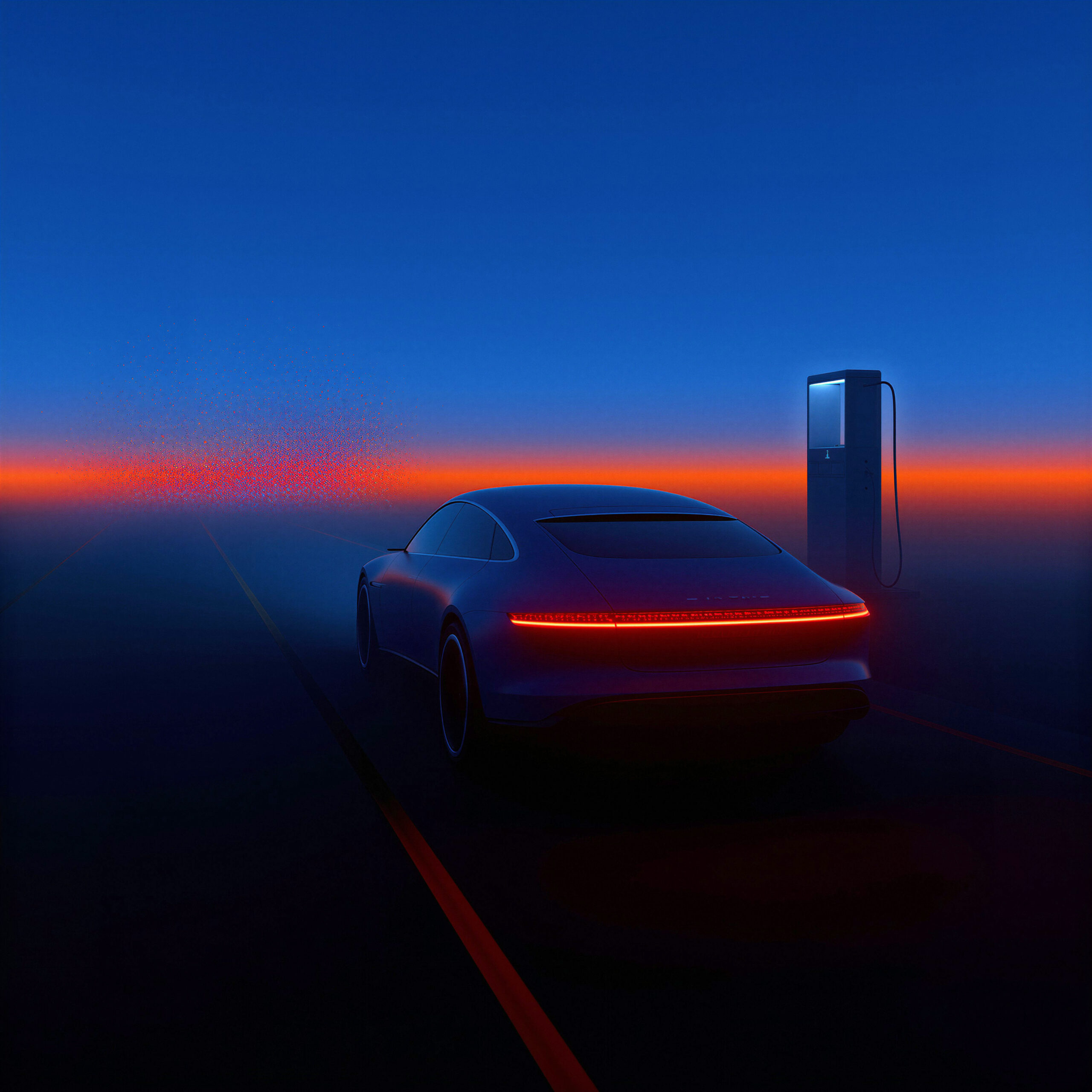 Voiture électrique stationnée près d'une borne de recharge au crépuscule.