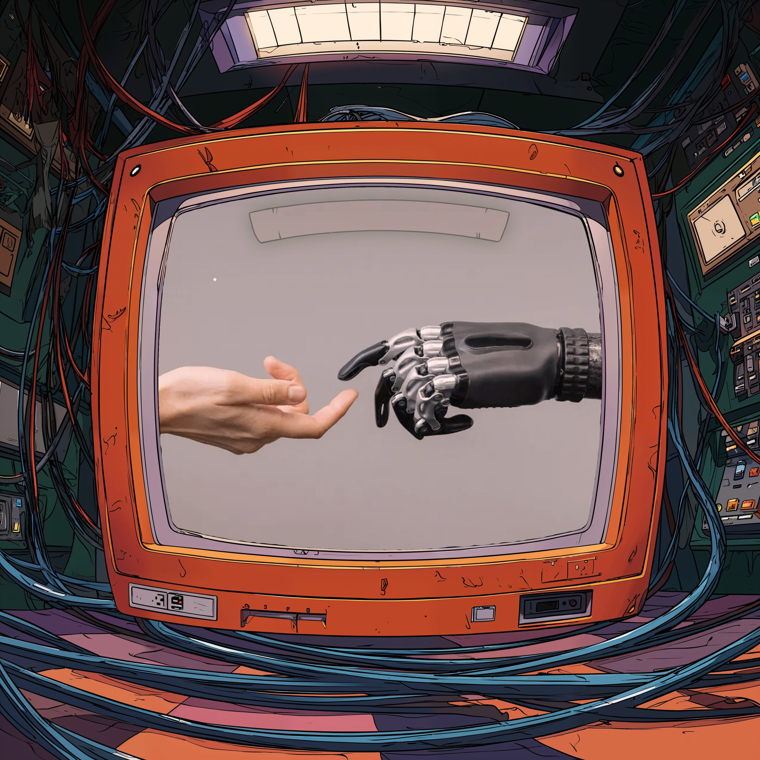 Écran de télévision rétro affichant le contact entre une main humaine et une main robotique.