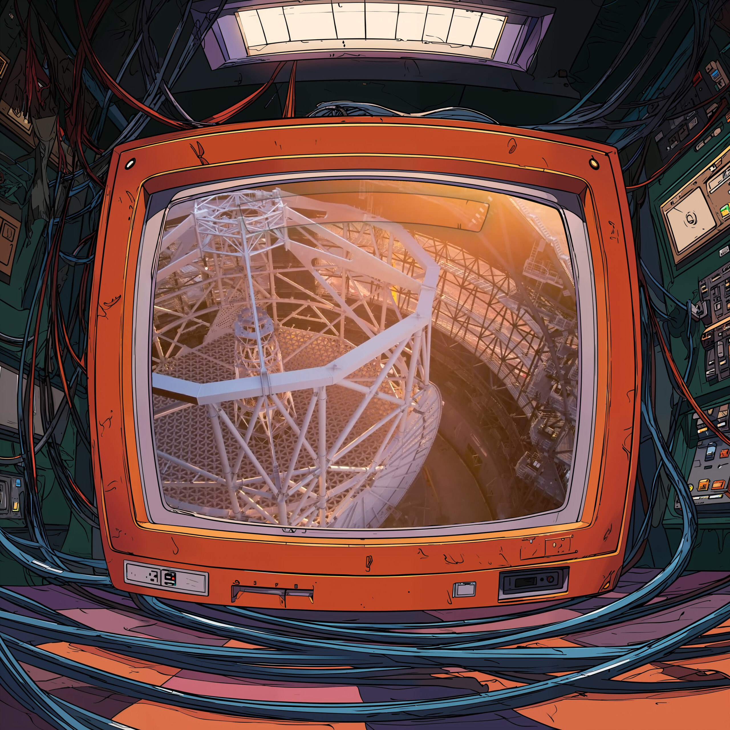 Écran de contrôle orange affichant la structure métallique d'un radiotélescope géant au milieu de câbles.