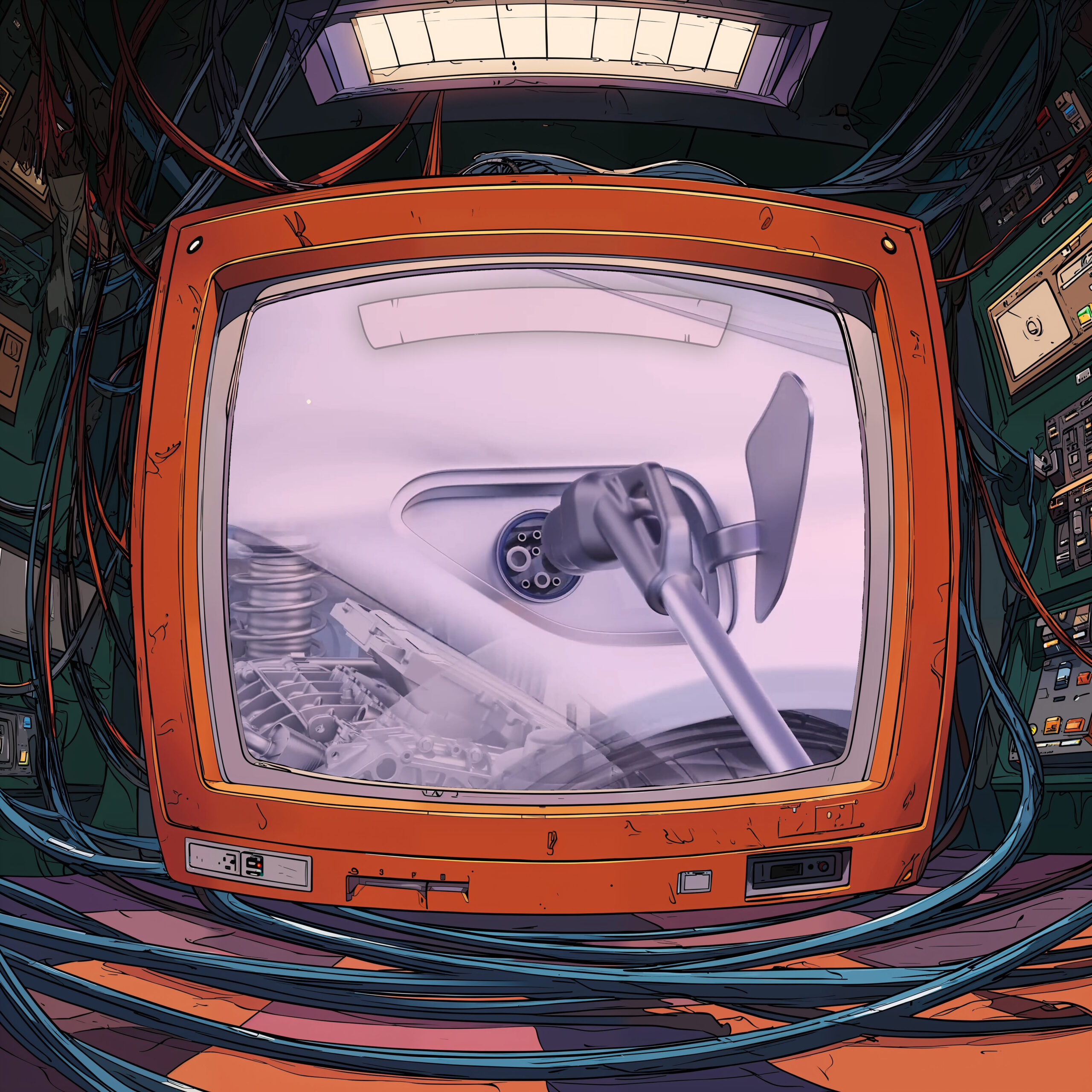 Un moniteur de télévision orange rétro-futuriste affichant une vue mécanique en noir et blanc au milieu de câbles.