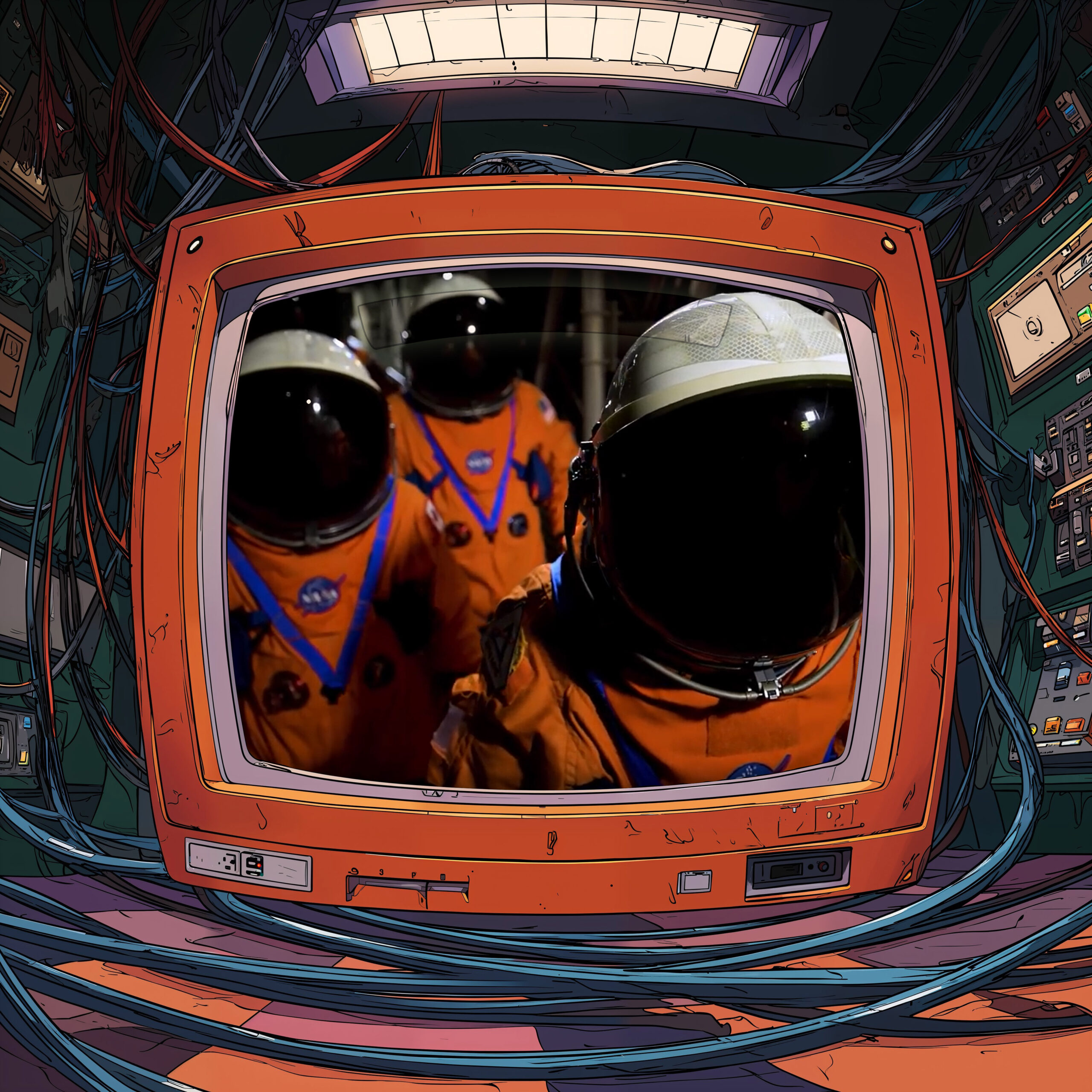 Trois astronautes en combinaison orange vus à travers un écran de télévision rétro dans un vaisseau.