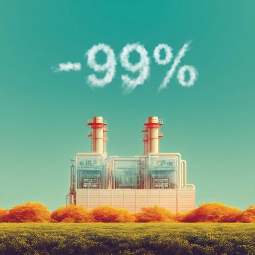 Une usine industrielle avec de la fumée formant le chiffre -99% dans un ciel turquoise.
