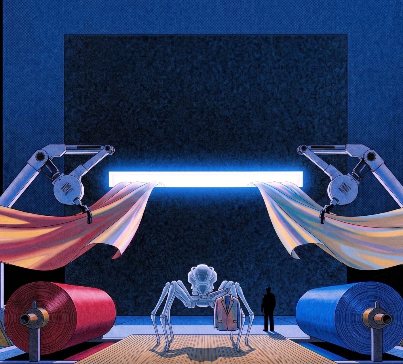 Illustration d'une scène futuriste où des bras robotiques écartent des tissus devant un écran lumineux.