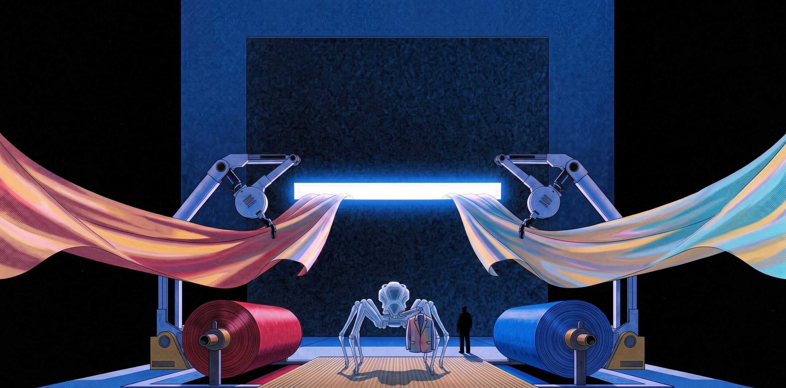 Illustration d'une scène futuriste où des bras robotiques écartent des tissus devant un écran lumineux.