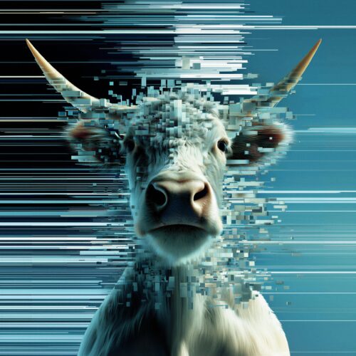 Portrait d'une vache avec un effet visuel de glitch numérique horizontal.