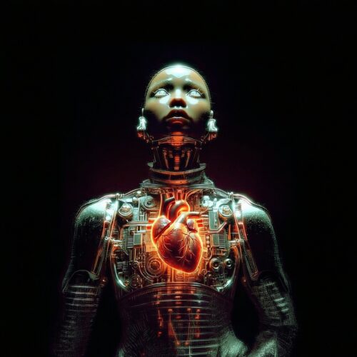 Figure cyborg androïde à la peau métallique sombre avec un cœur anatomique lumineux au centre de la poitrine.