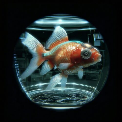 Un poisson rouge orange et blanc nageant à l'intérieur d'un globe en verre.