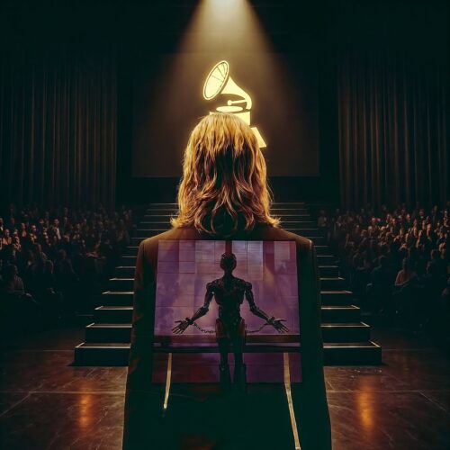 Céleste vue de dos sur scène face à un trophée des Grammys et au public.