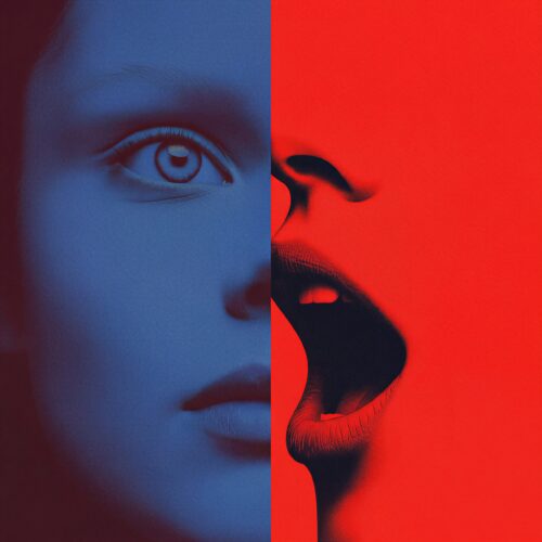 Visage de femme divisé entre une moitié bleue avec un œil fixe et une moitié rouge à la bouche ouverte.