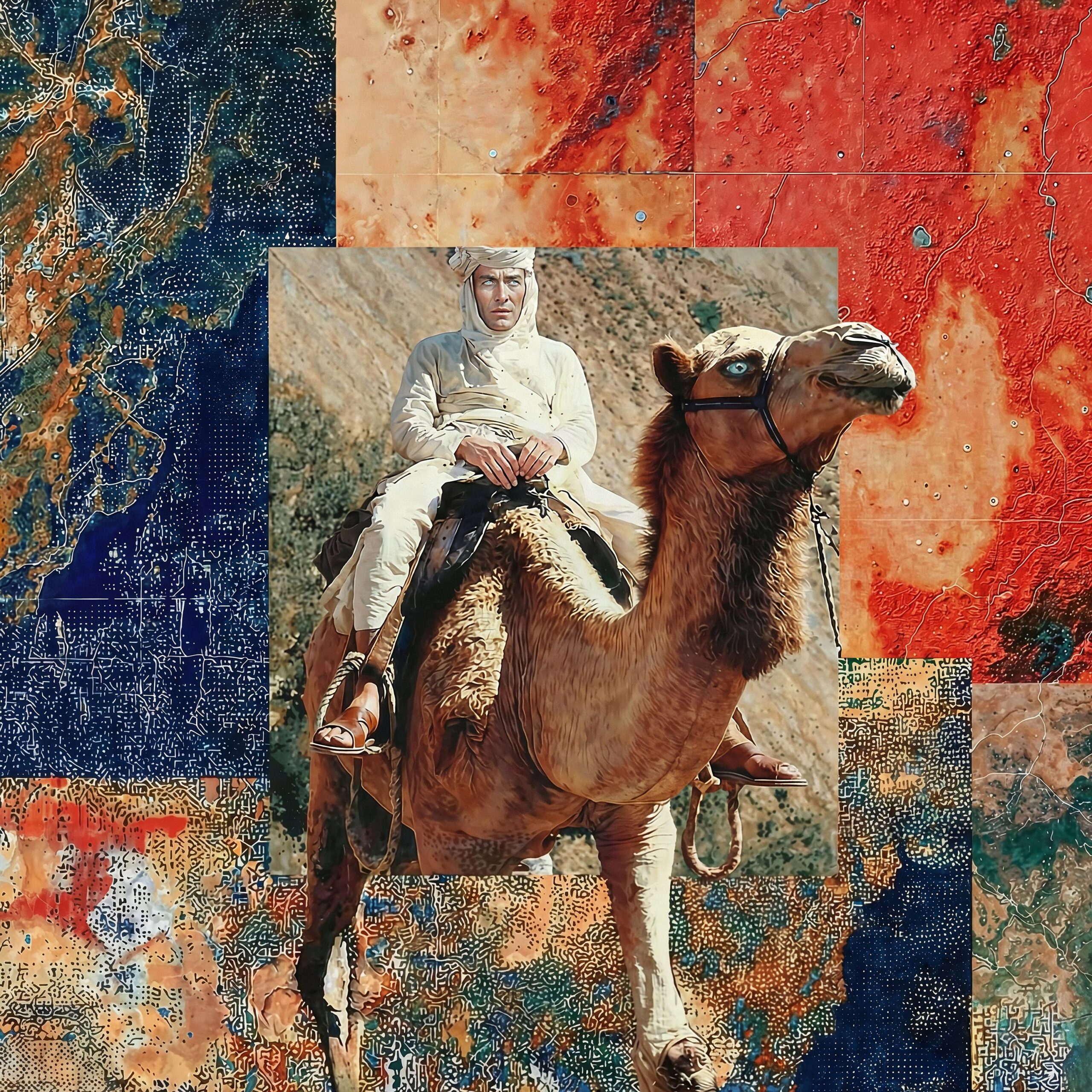 Collage artistique superposant une photographie d'un cavalier sur un dromadaire à un fond abstrait et coloré.