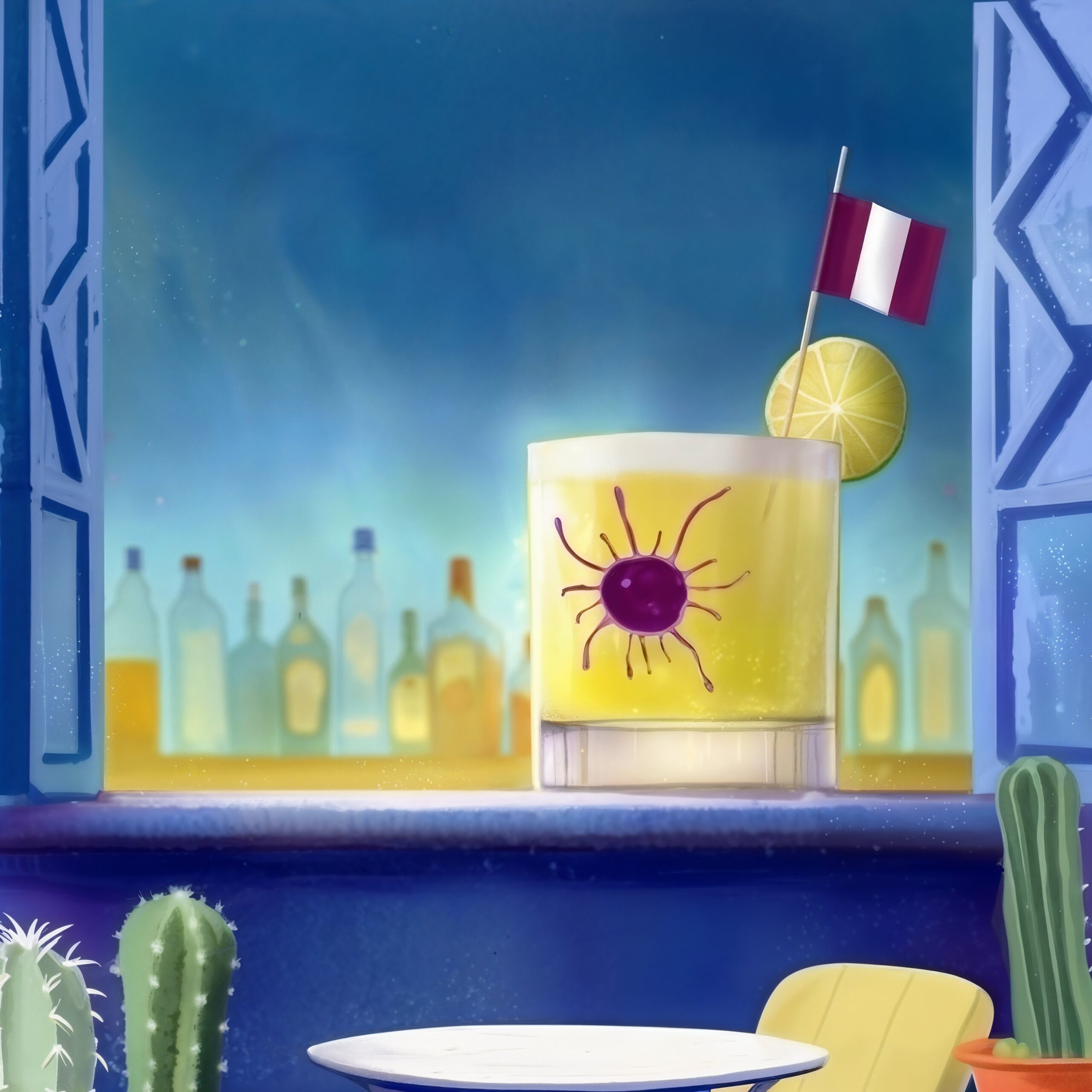 Illustration d'un cocktail jaune orné d'un drapeau péruvien posé sur le rebord d'une fenêtre bleue.
