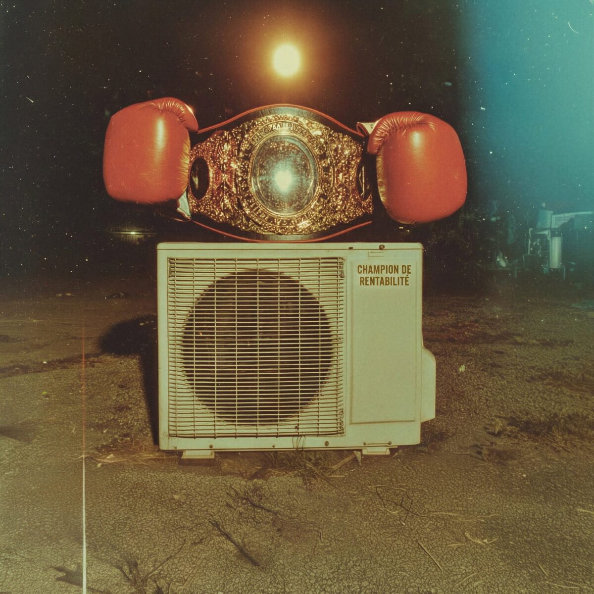 Une unité de climatisation extérieure surmontée d'une ceinture de champion et de gants de boxe rouges.