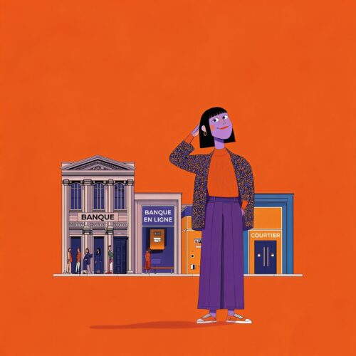 Illustration d'une jeune femme pensive se tenant devant plusieurs façades de banques sur fond orange.