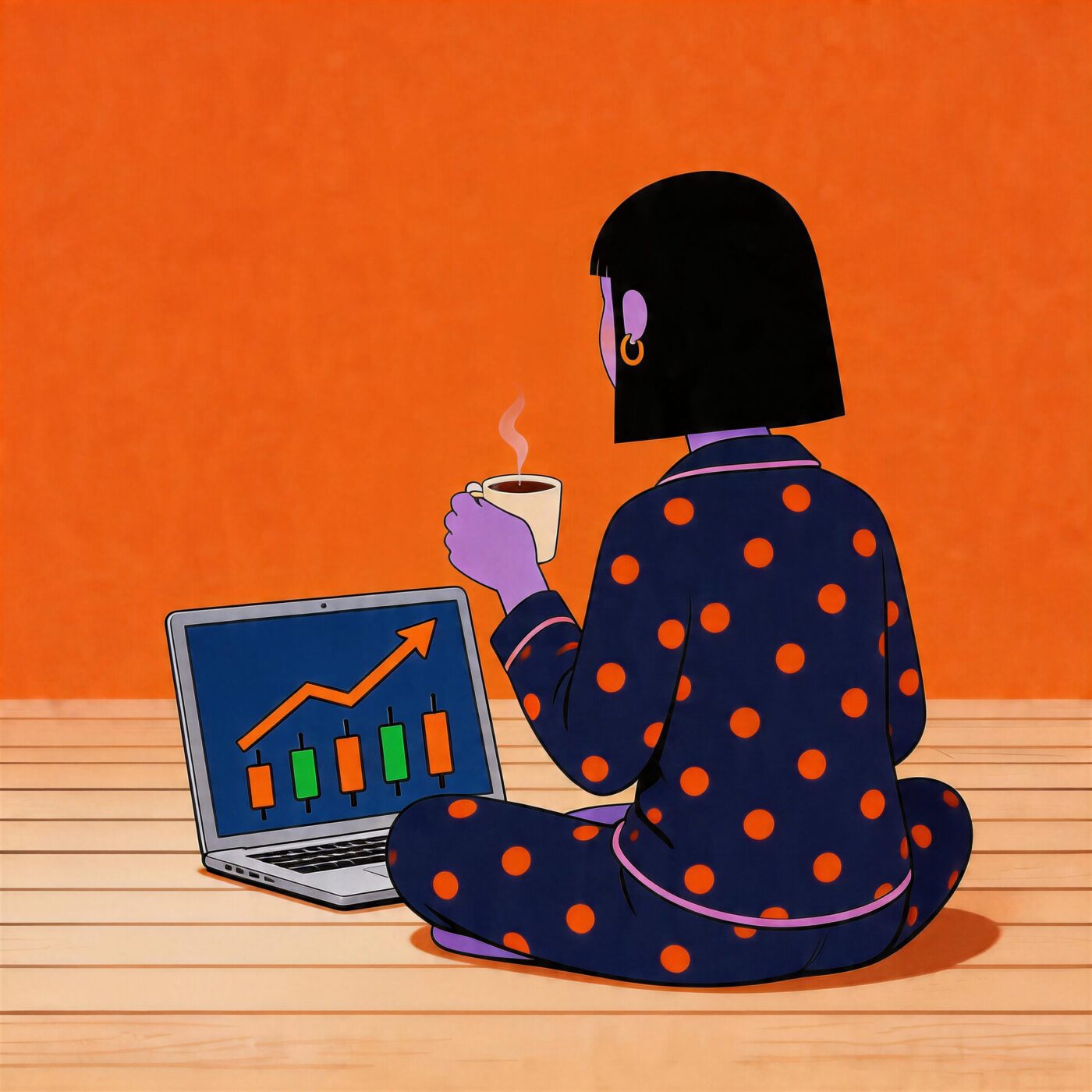 Illustration d'une femme en pyjama assise par terre devant son ordinateur avec une tasse de café.