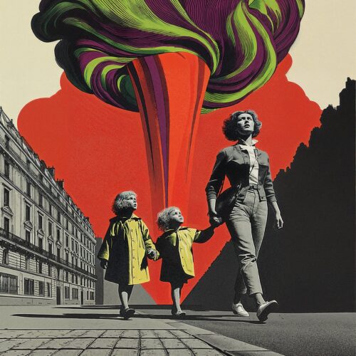 Une femme et deux enfants en manteau jaune marchent dans une rue sous un nuage psychédélique.