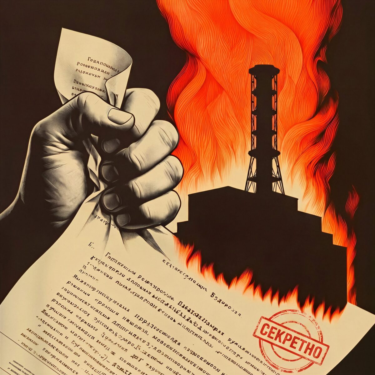 Une main serrant un document confidentiel devant la centrale de Tchernobyl en feu.