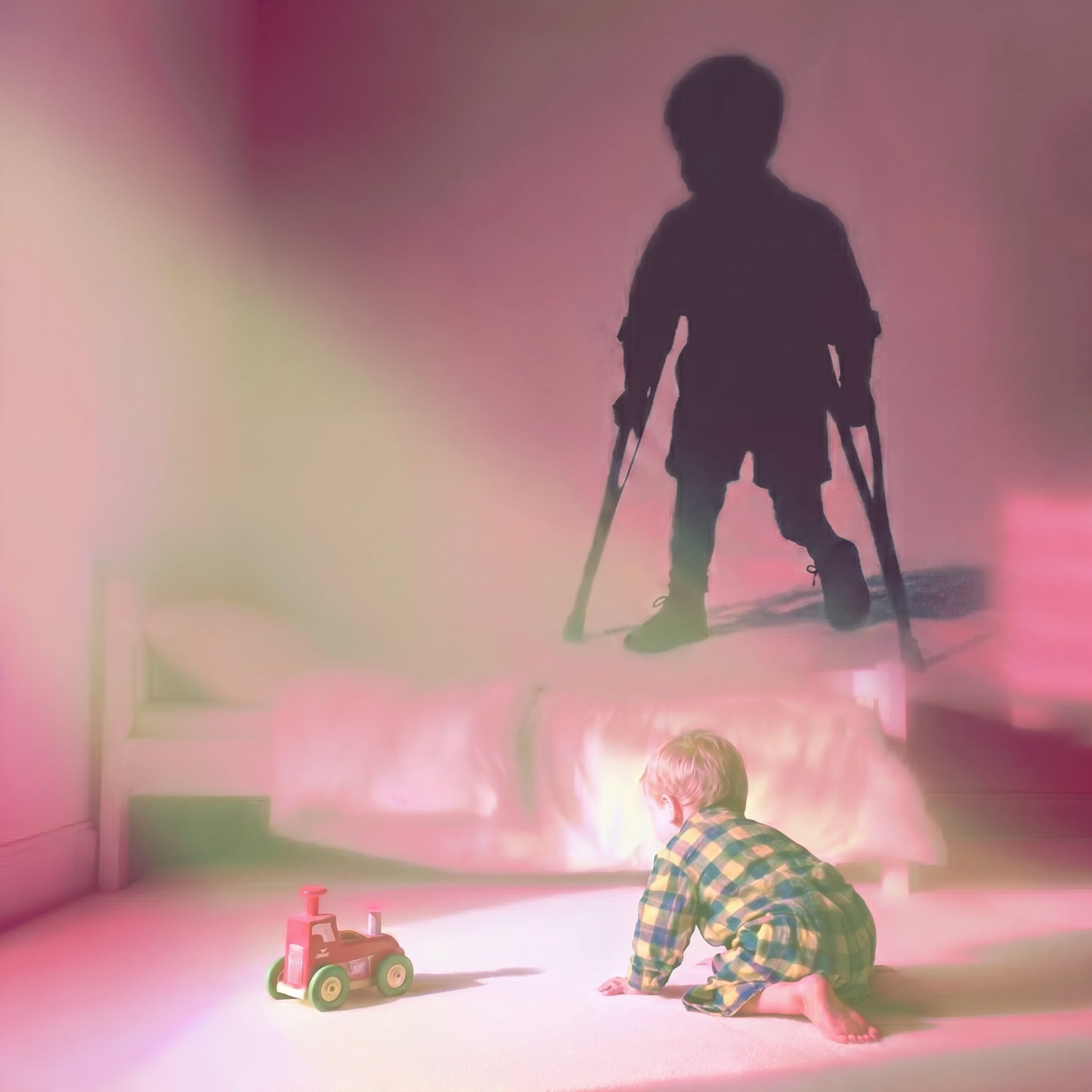 Un enfant jouant par terre devant l'ombre projetée d'un garçon avec des béquilles.