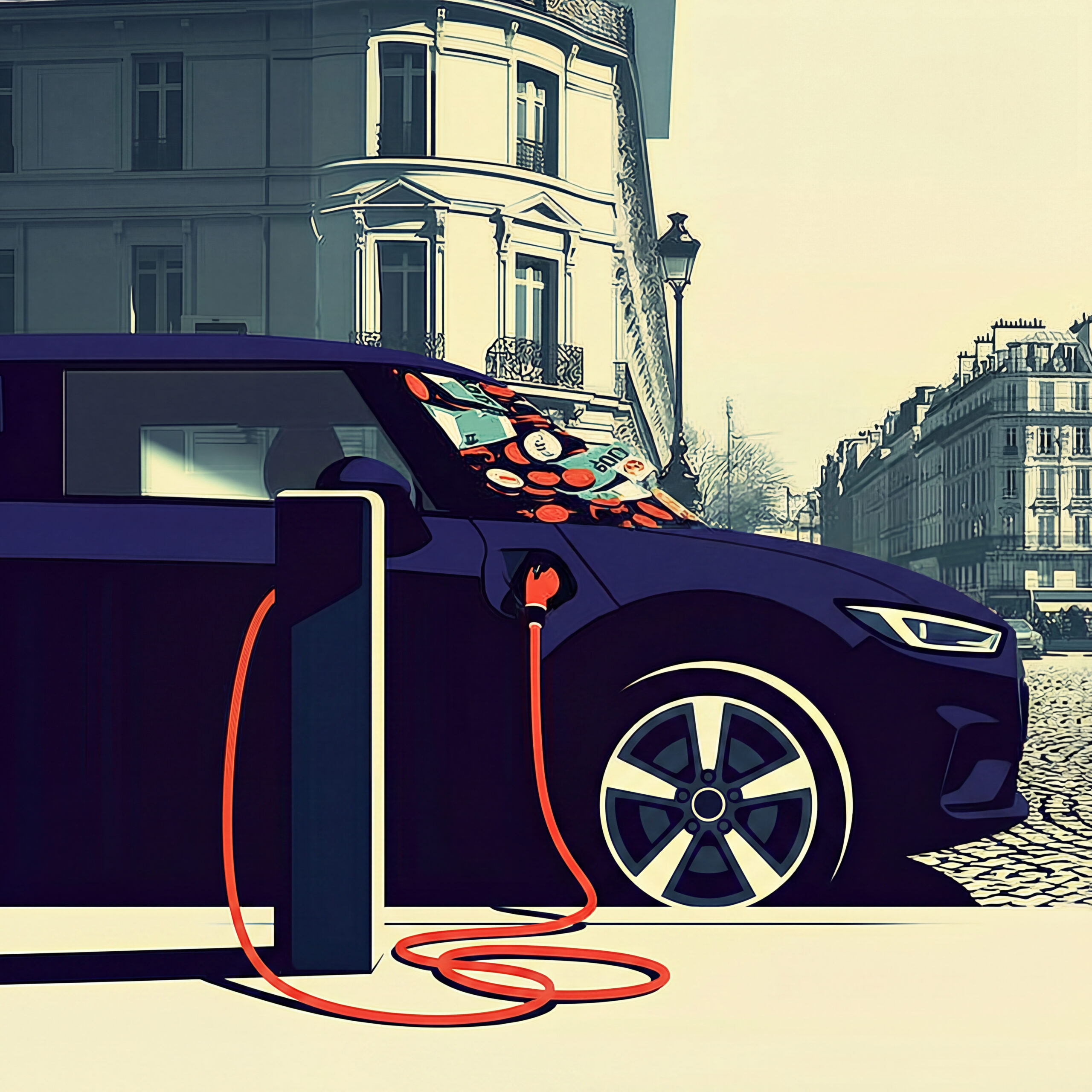 Voiture électrique sombre branchée sur une borne de recharge dans une rue urbaine.