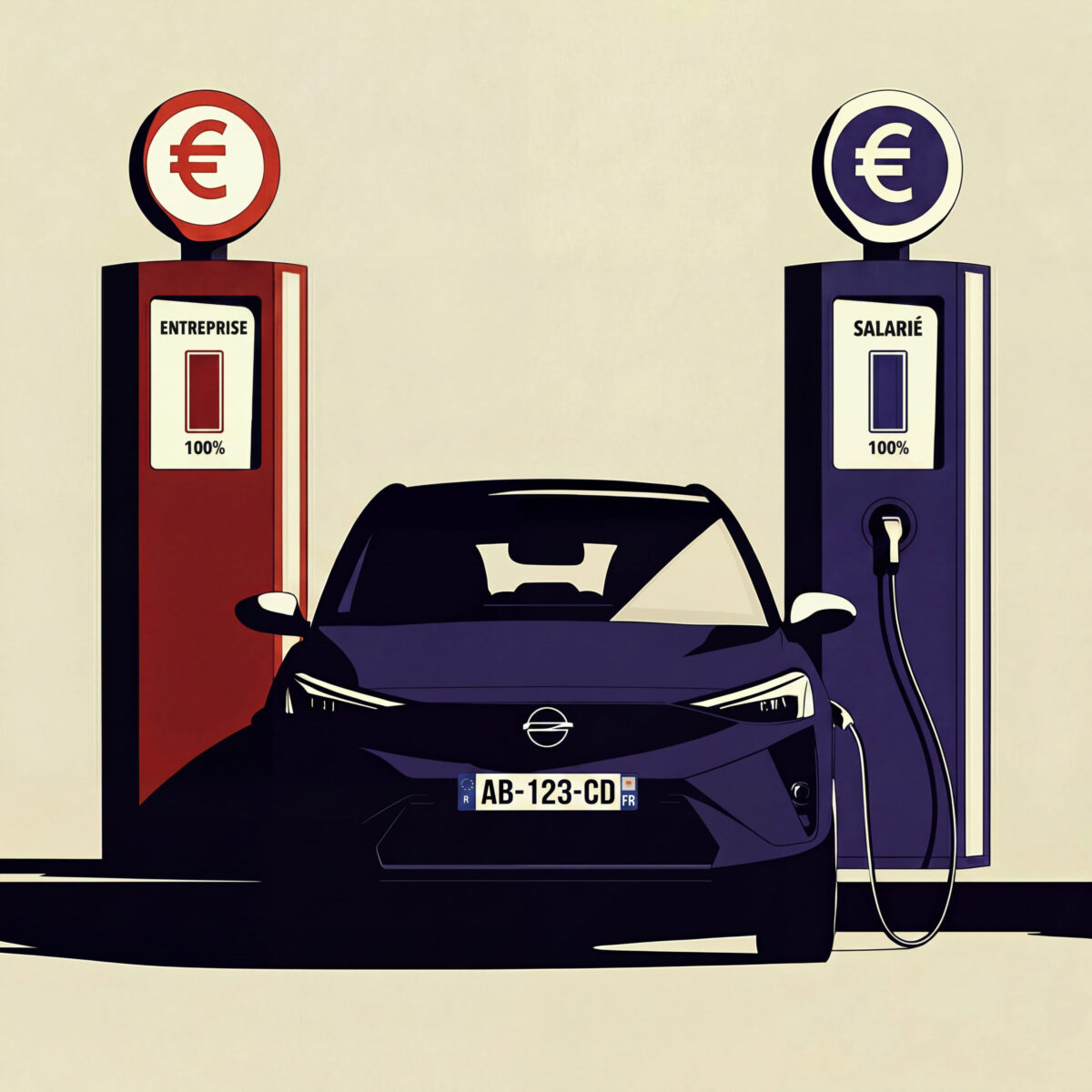 Voiture électrique branchée sur une borne bleue à côté d'une pompe à carburant rouge.