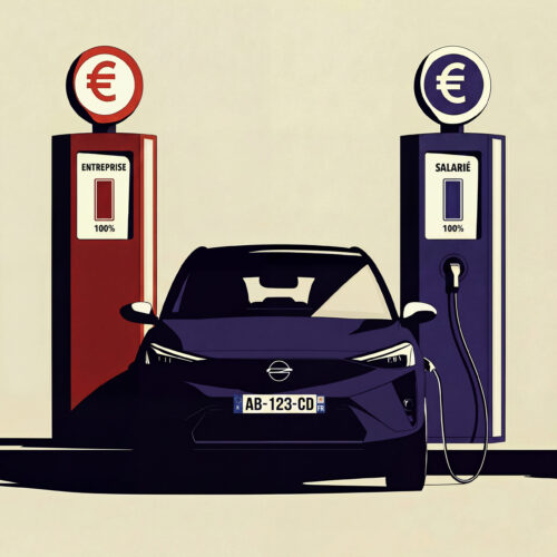 Voiture électrique branchée sur une borne bleue à côté d'une pompe à carburant rouge.