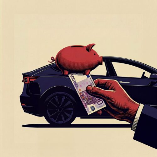 Illustration d'une main glissant un billet dans une tirelire cochon posée sur le toit d'une voiture noire.