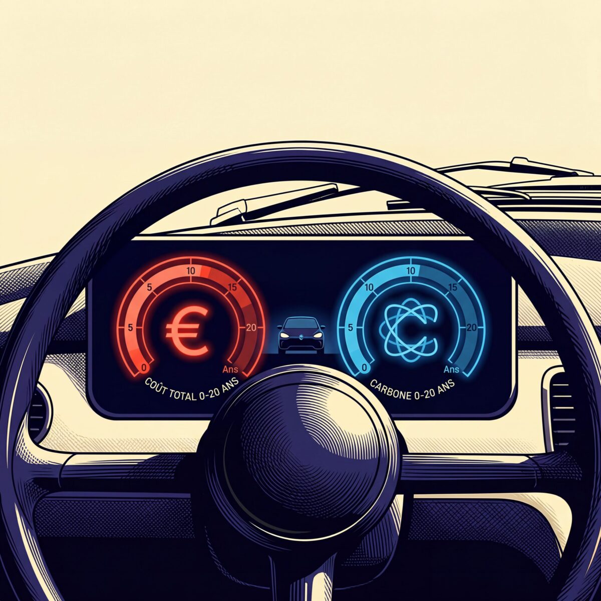 Tableau de bord de voiture affichant des compteurs numériques pour l'euro et le carbone.