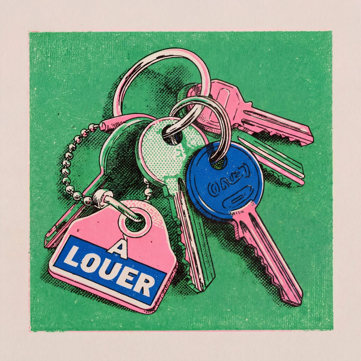 Un trousseau de clés colorées avec un porte-clés portant la mention A LOUER sur un fond vert.