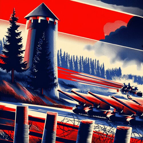Illustration de style propagande représentant des chars de combat et une tour de guet sous un ciel rouge.