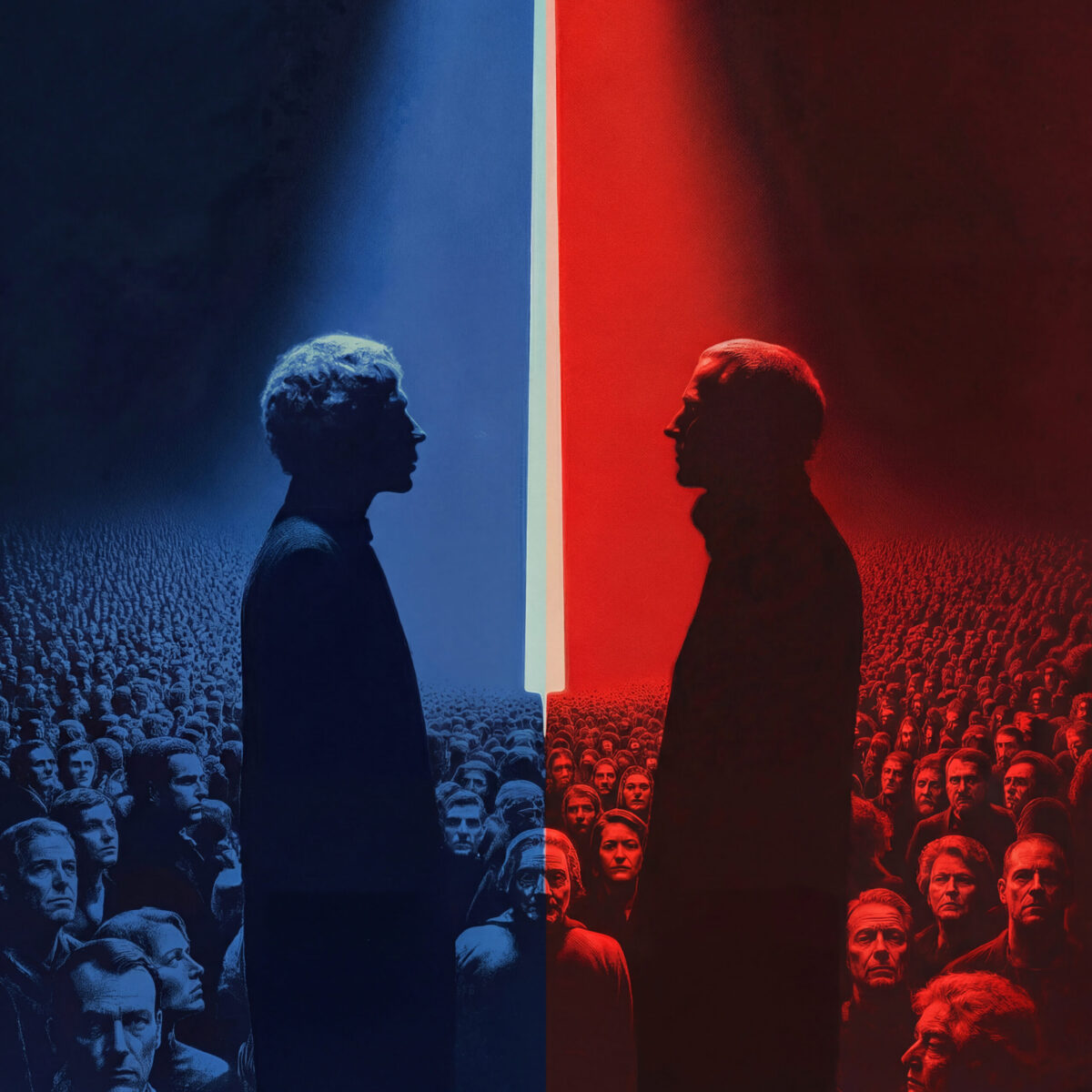 Deux silhouettes se faisant face sous des lumières bleue et rouge, séparées par une bande blanche évoquant le drapeau français.