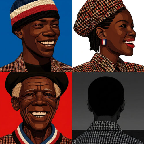 Composition de quatre portraits illustrés de personnes noires aux arrière-plans colorés.
