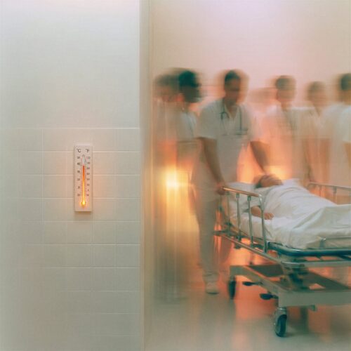 Personnel soignant déplaçant un patient sur un brancard dans un couloir d'hôpital.