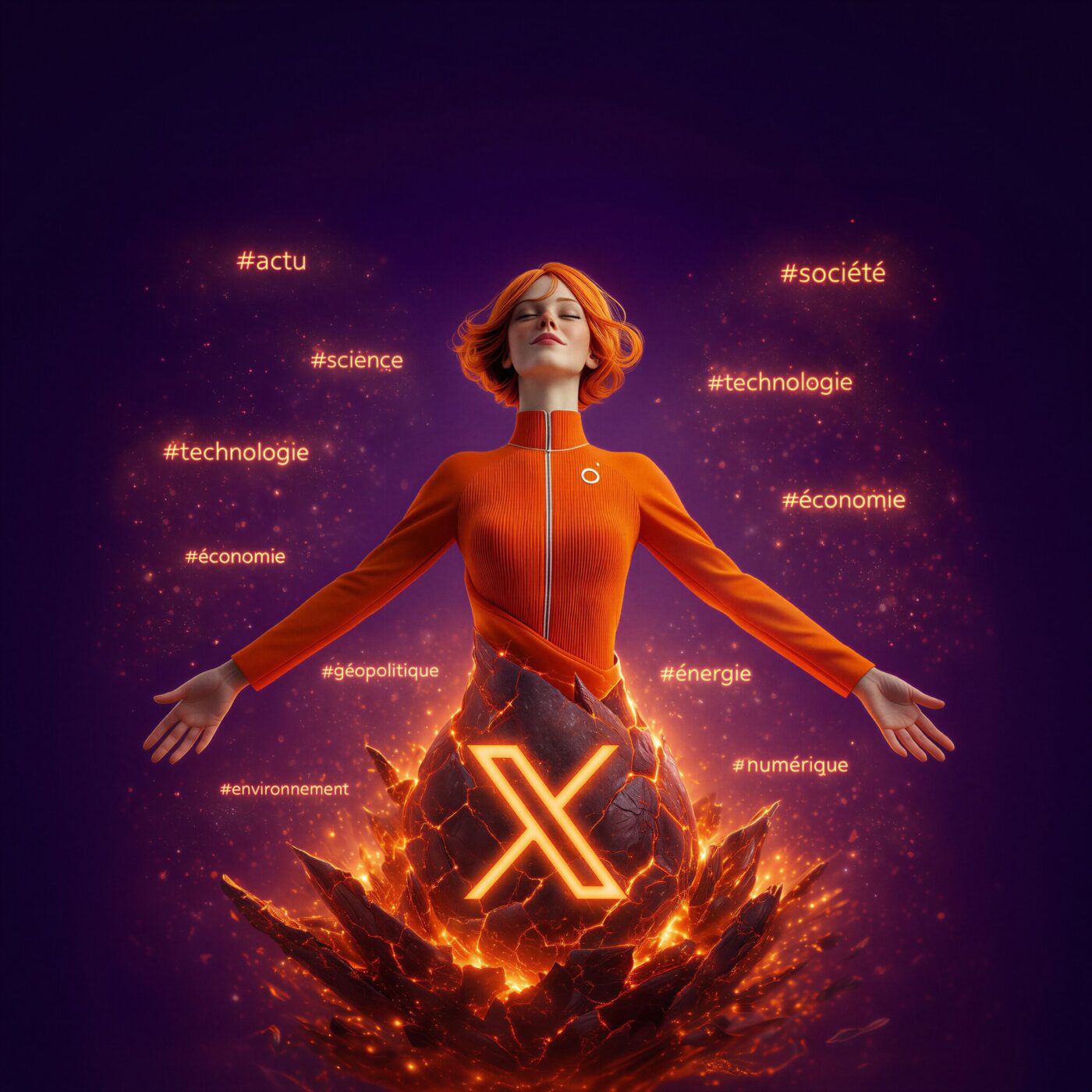 Céleste, une femme rousse en tenue orange, lévite au-dessus d'un logo X incandescent.