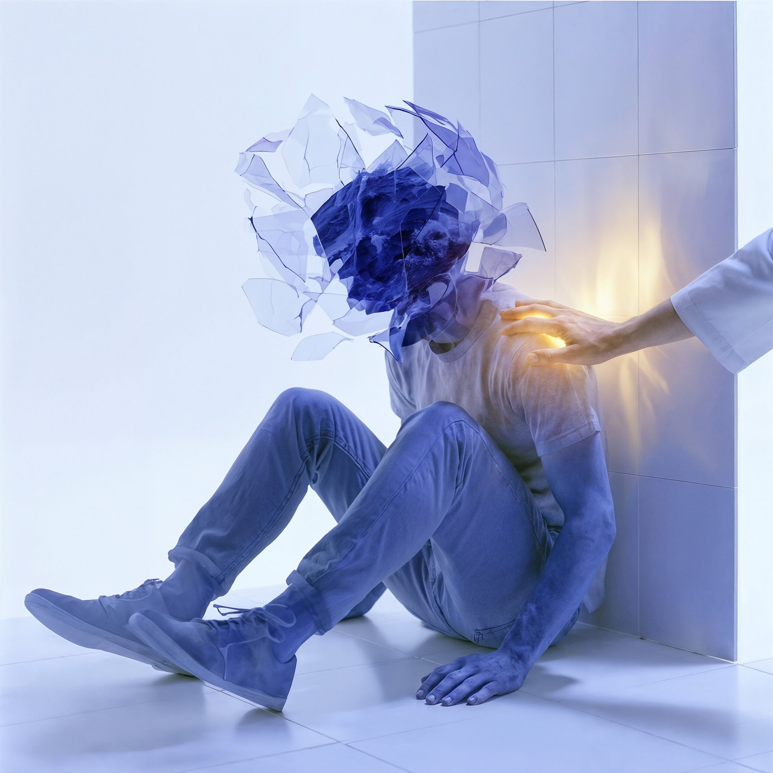Personne assise contre un mur avec une création florale bleue sur la tête, recevant une main réconfortante sur l'épaule.