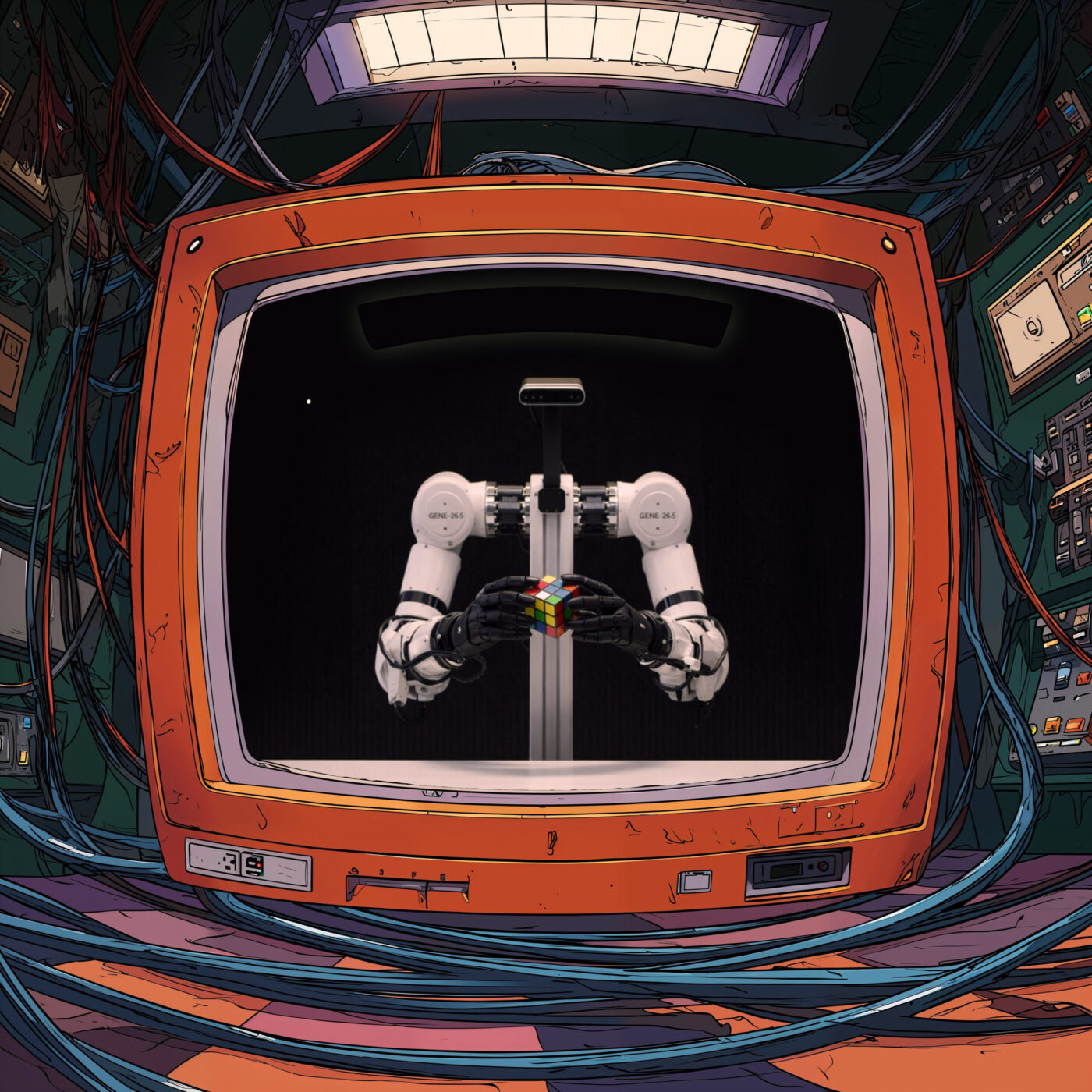 Un bras robotique blanc effectuant une manipulation dans l'écran d'un téléviseur rétro orange entouré de câbles.
