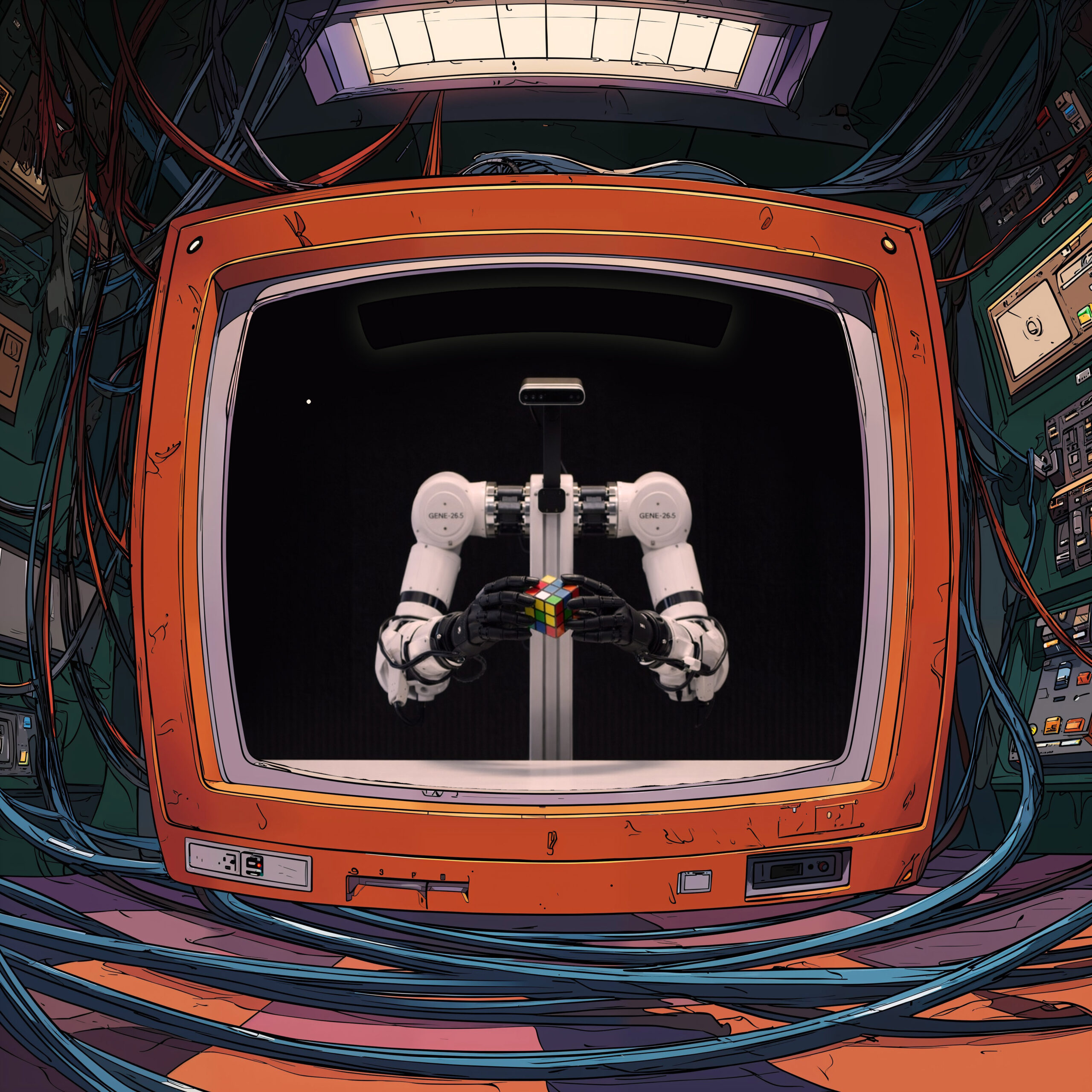 Un bras robotique blanc effectuant une manipulation dans l'écran d'un téléviseur rétro orange entouré de câbles.