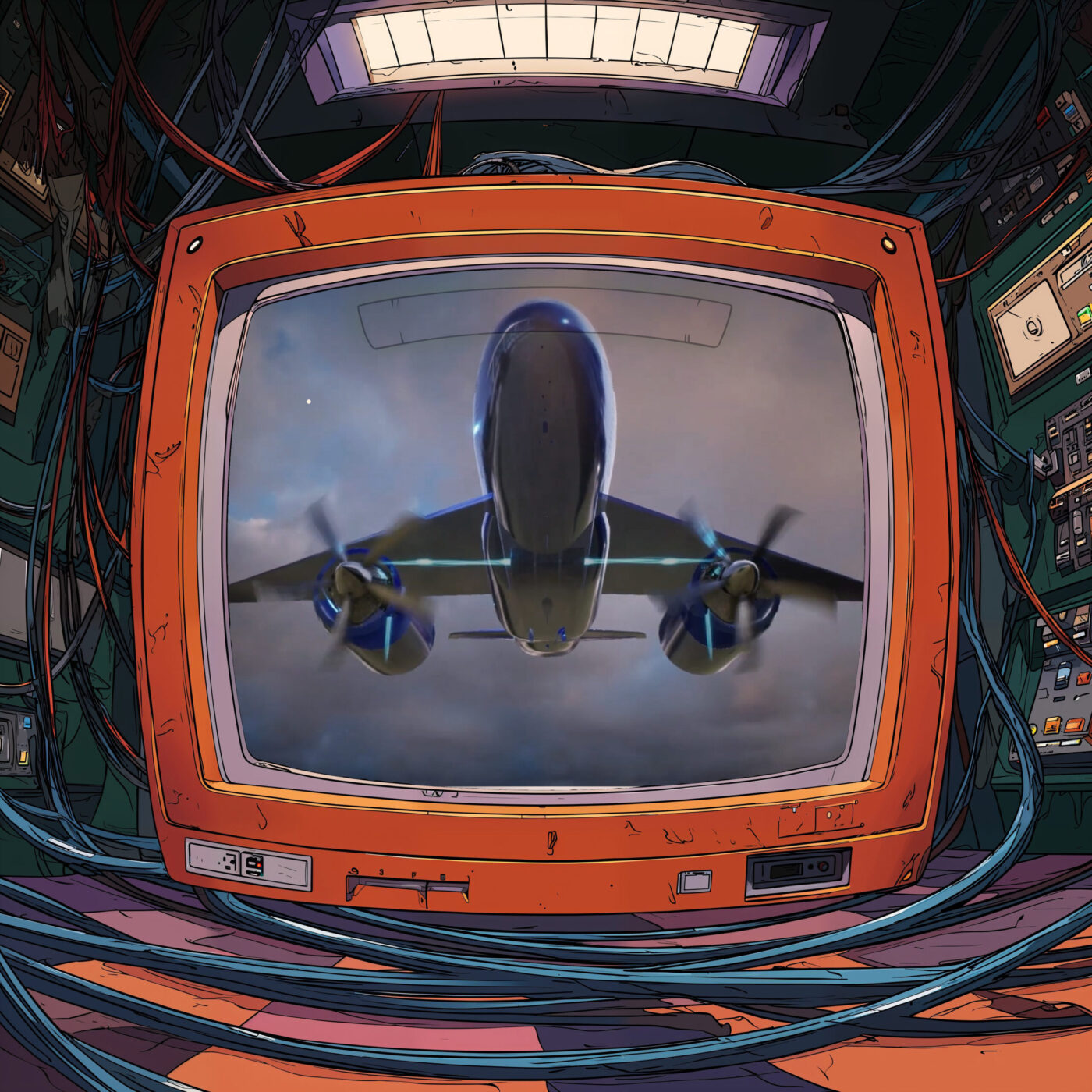 Un avion de ligne en vol affiché sur un écran de télévision rétro orange entouré de câbles.