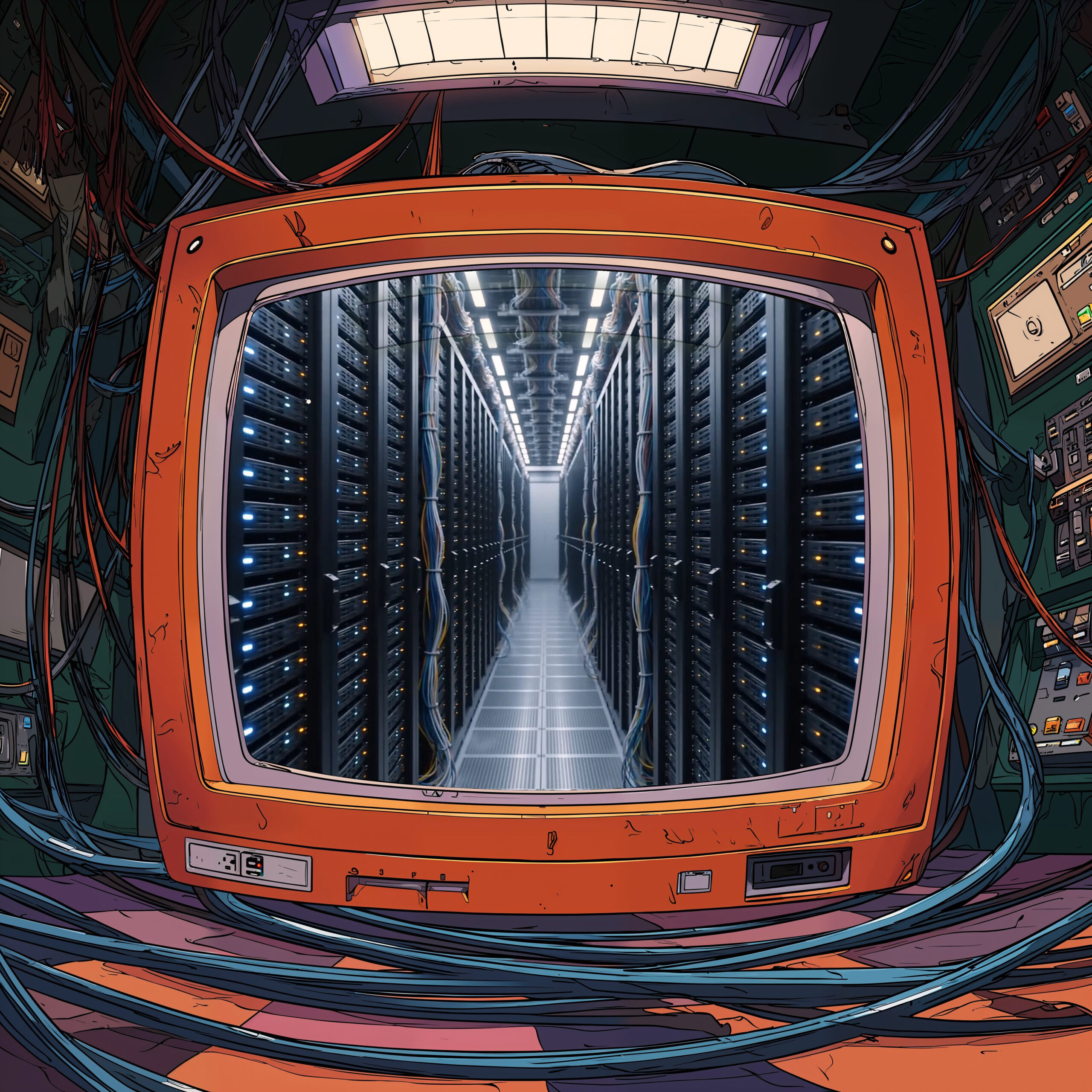 Un moniteur rétro orange affichant une perspective sur une salle de serveurs informatiques.