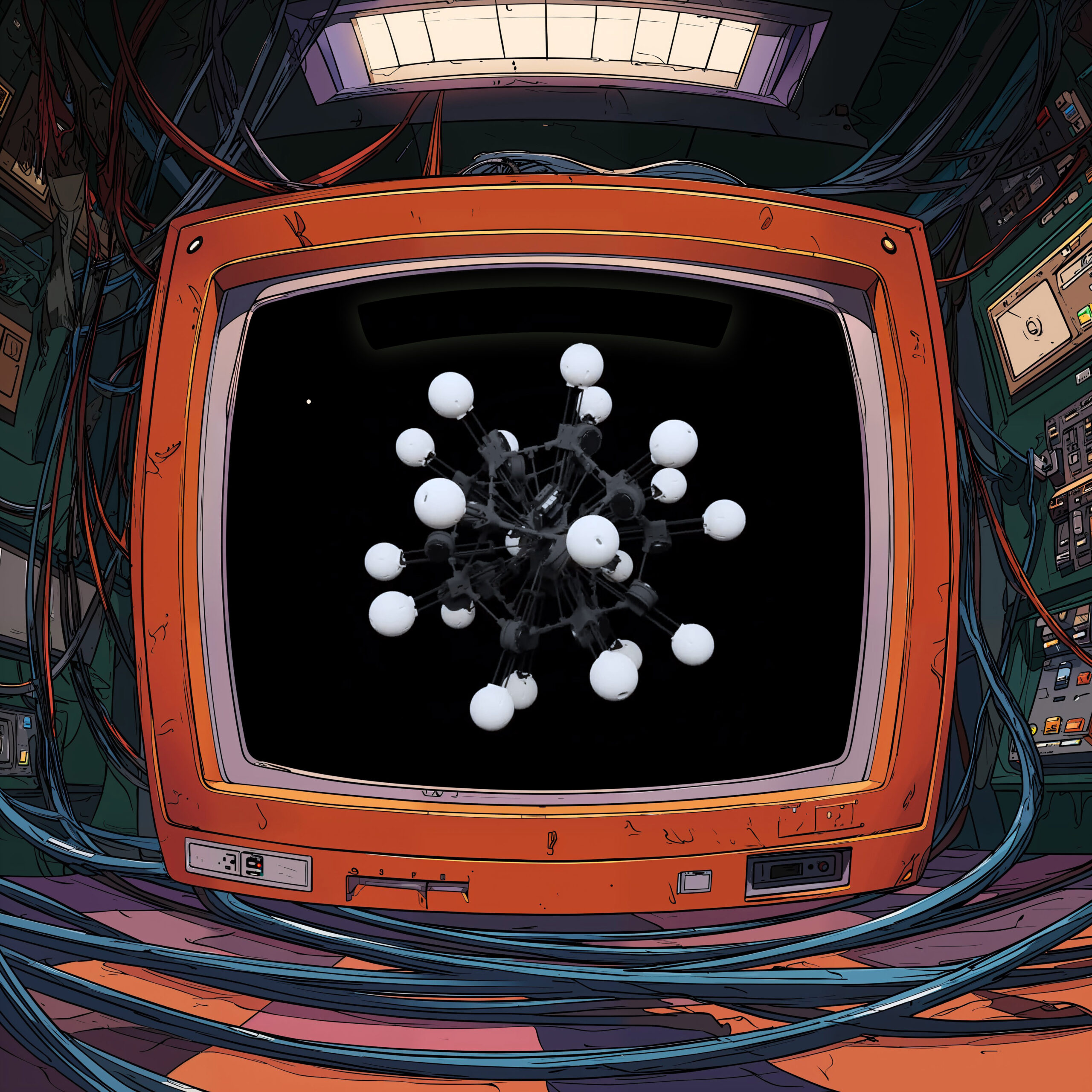 Structure moléculaire tridimensionnelle affichée sur l'écran d'un ancien téléviseur orange entouré de câbles.