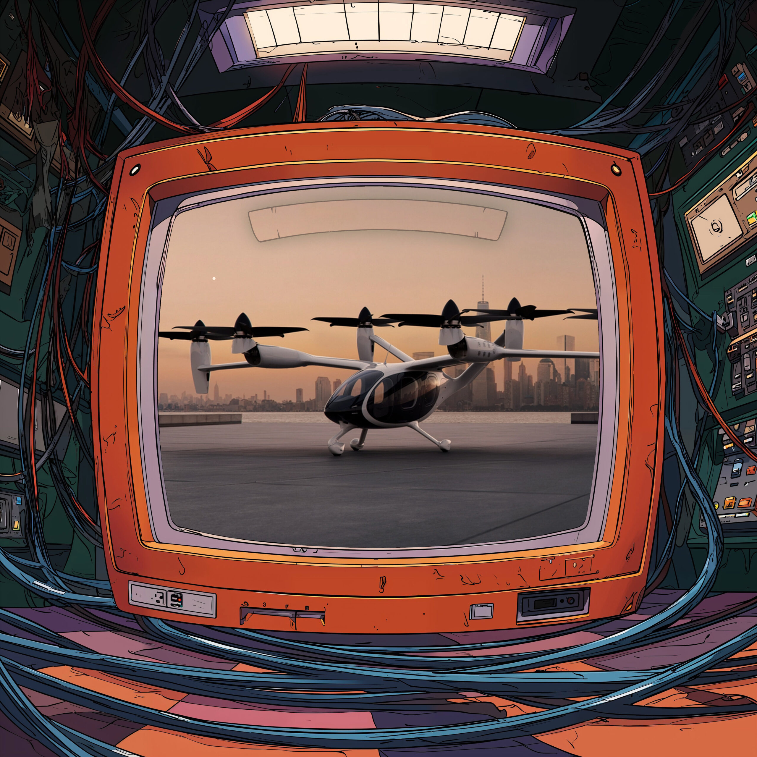 Aéronef futuriste à hélices affiché sur l'écran d'un téléviseur rétro orange entouré de câbles.
