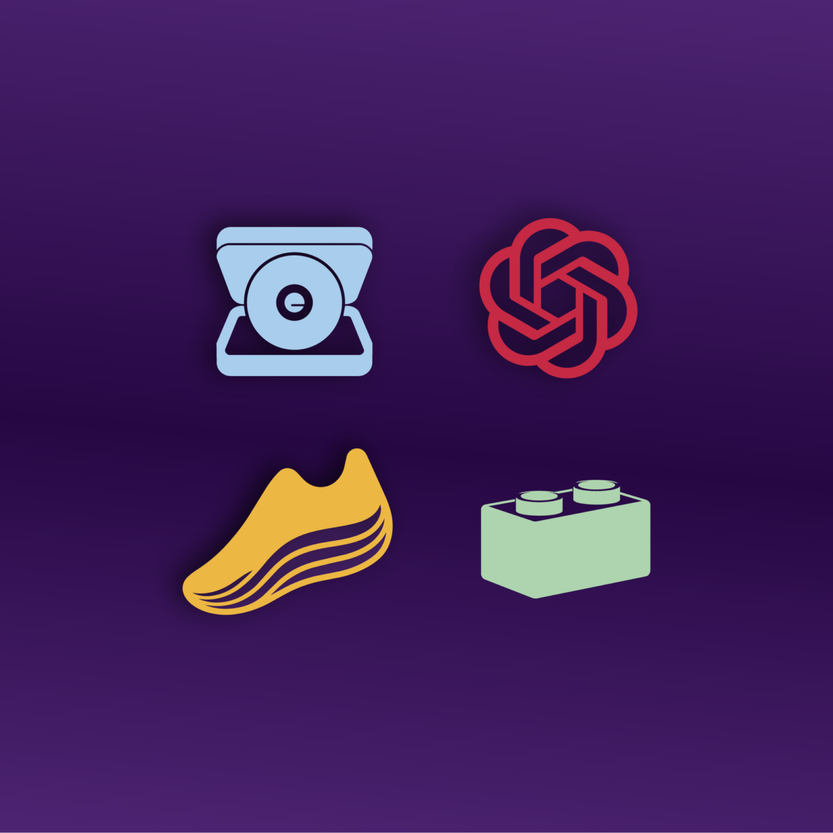 Quatre icônes illustrées représentant une lampe frontale, le logo OpenAI, une basket et une brique Lego sur fond violet.