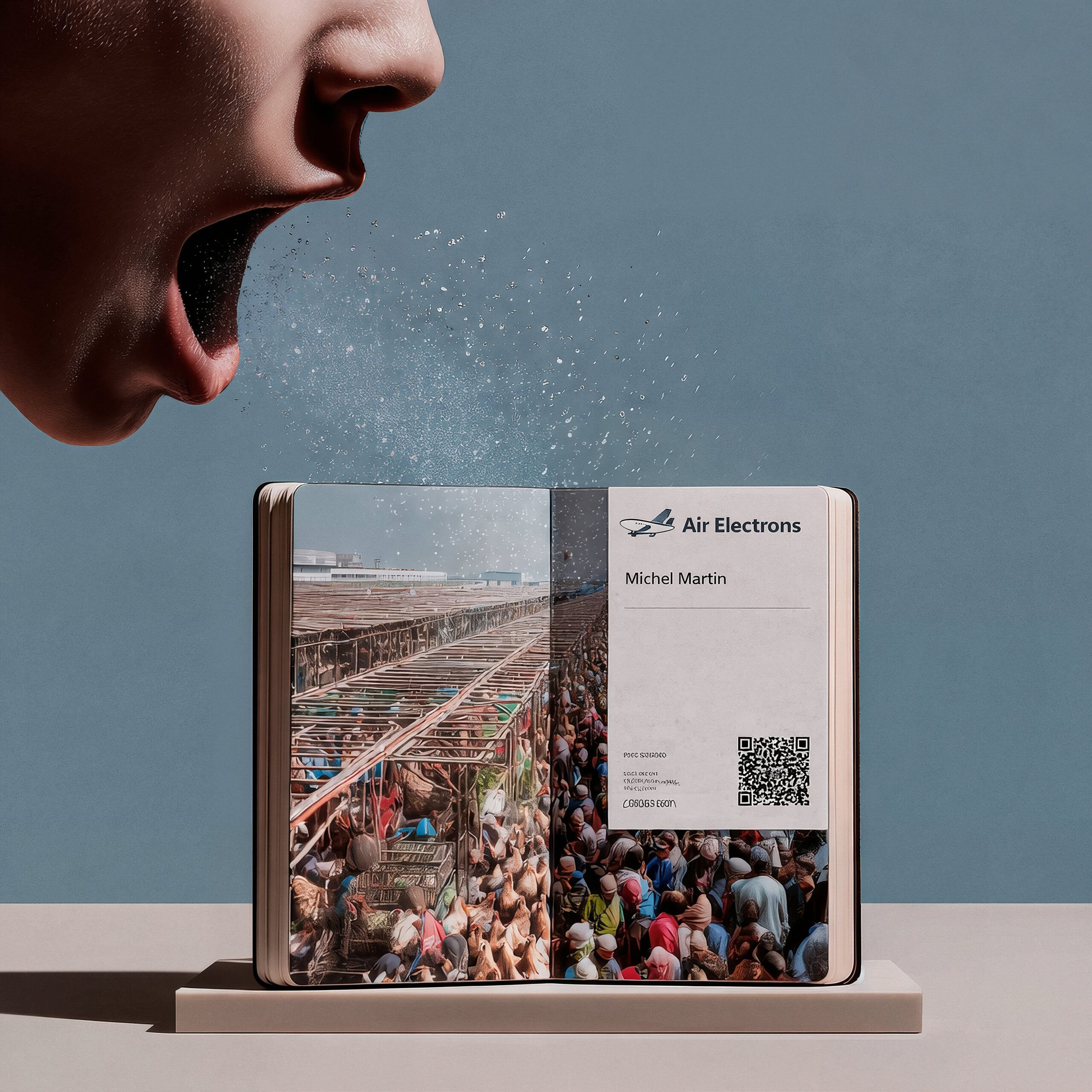 Profil d'un visage la bouche grand ouverte criant au-dessus d'un petit livre ouvert.