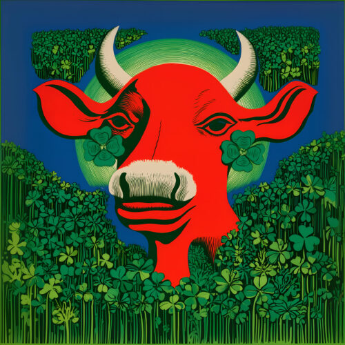 Illustration colorée d'une vache rouge entourée de trèfles verts sous un ciel bleu