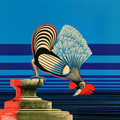Illustration graphique d'un oiseau stylisé au plumage bleu et rayé penché sur un socle en pierre.